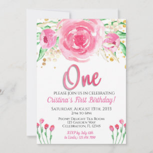 Rosa Peonies Enchanted Chic First Birthday Inbjudningar
