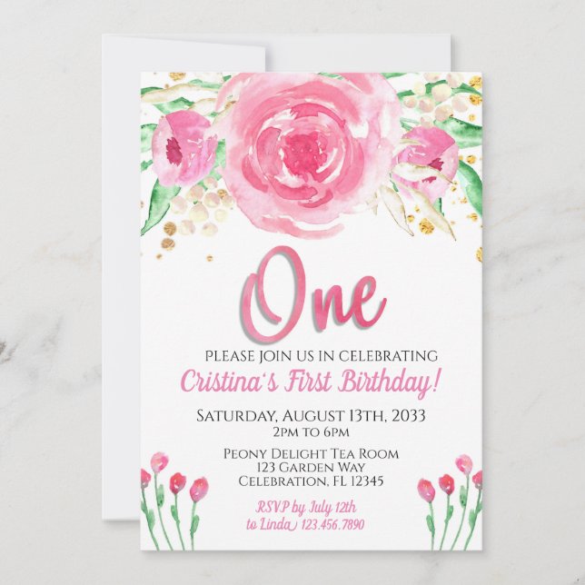 Rosa Peonies Enchanted Chic First Birthday Inbjudningar (Framsida)
