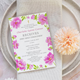 Rosa Peonies First Heliga Communion Call Inbjudningar