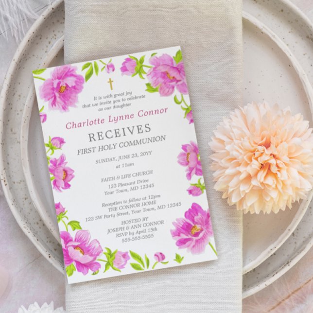 Rosa Peonies First Heliga Communion Call Inbjudningar (Skapare uppladdad)