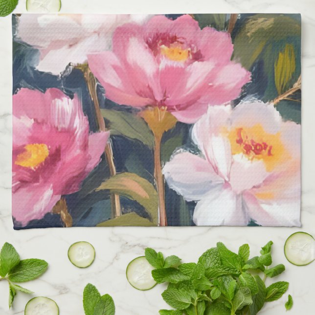 Rosa Peonies Flower Bouquet Watercolor Kökshandduk (Vikta)