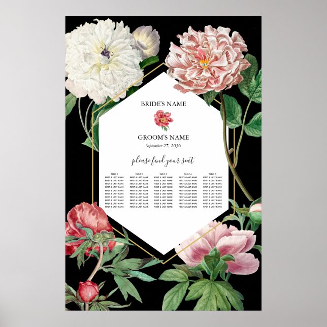 Rosa Peonies Flowers Bröllop Black Seths Chart Poster (Framsidan)