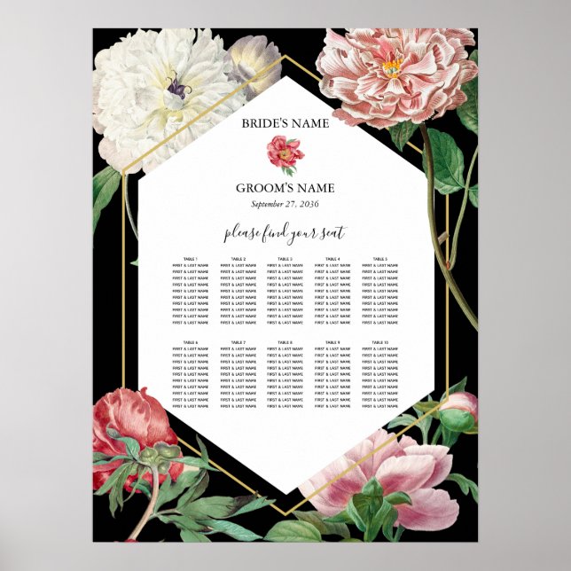 Rosa Peonies Flowers Bröllop Black Seths Chart Poster (Framsidan)