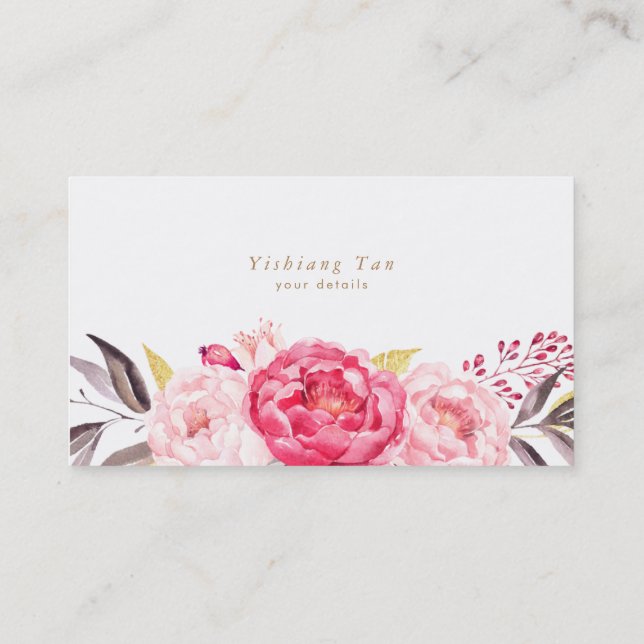 Rosa Peonies Flowers Watercolor Affärskort Visitkort (Baksida)