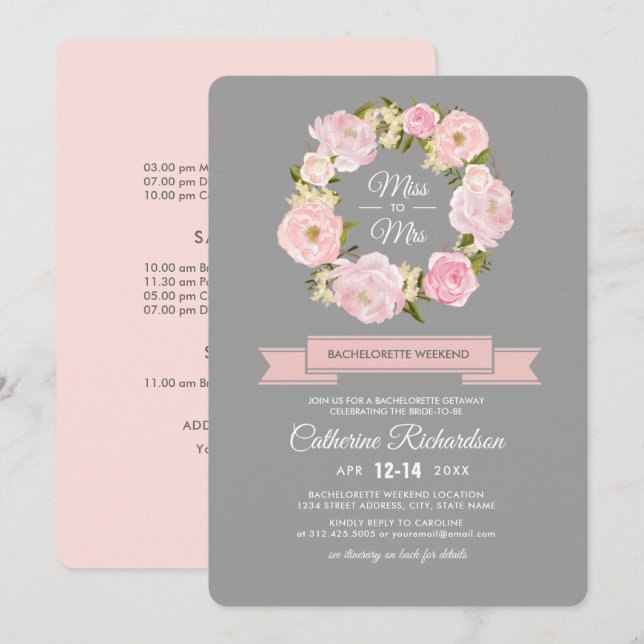  Rosa Peonies Grått Bachelorette Helg Inbjudningar (Fram/baksida)