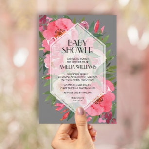 Rosa Peonies Grått Blommigt Baby Shower-inbjudning Inbjudningar