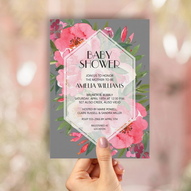 Rosa Peonies Grått Blommigt Baby Shower-inbjudning Inbjudningar (Skapare uppladdad)