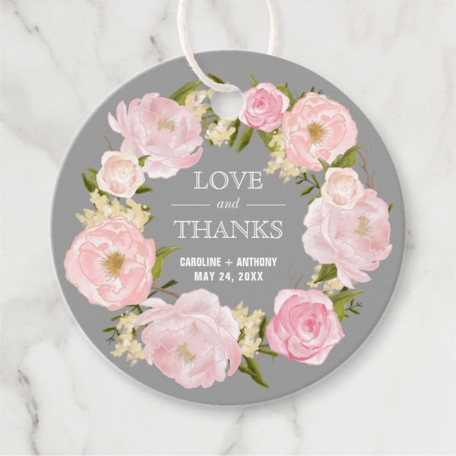  Rosa Peonies Grått Bröllop Tack Gåvor Etiketter (Framsida)
