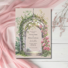 Rosa Peonies Greenery Arch Bröllop Inbjudningar