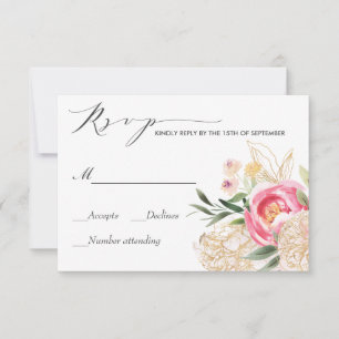 Rosa Peonies Guld Watercolor bröllop OSA Kort