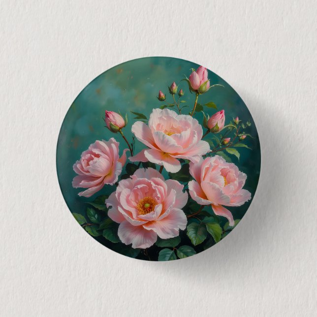 Rosa Peonies Konstverk på Smaragdgrön Knapp (Framsida)