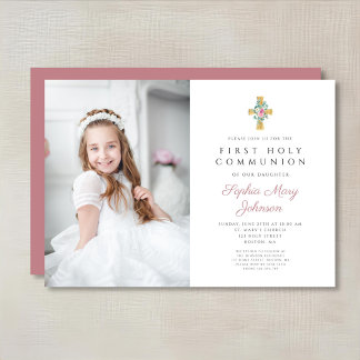 Rosa Peonies Kor Girl First Communion Photo Inbjudningar