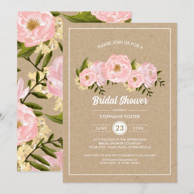  Rosa Peonies Kraft Papper Möhippa Inbjudningar (Fram/baksida)