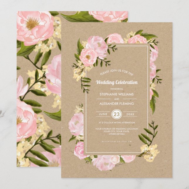  Rosa Peonies Kraft Papper Rustic Bröllop Inbjudningar (Fram/baksida)