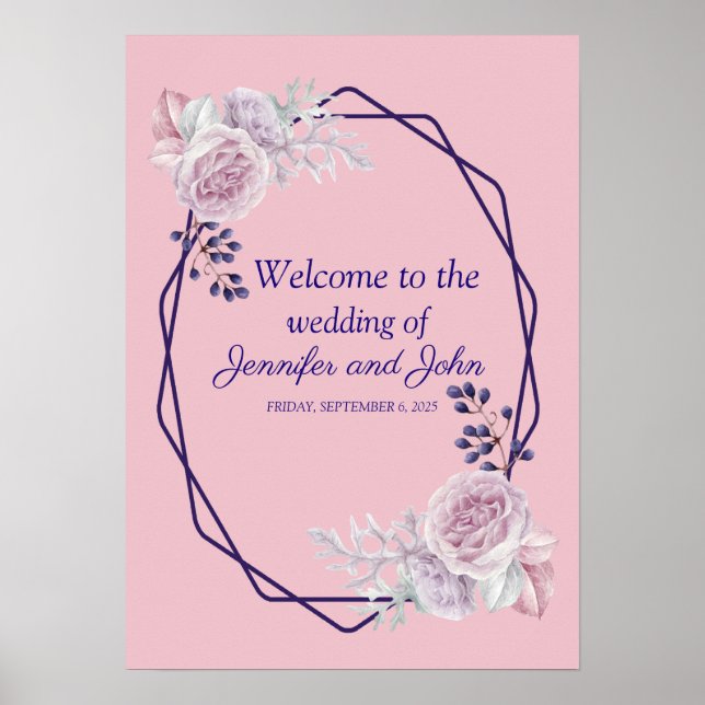 Rosa Peonies Lila Geometrisk Ram Bröllop Välkommen Poster (Framsidan)