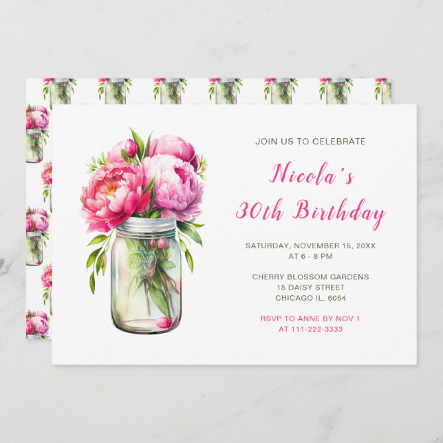 Rosa Peonies Mason Burk Födelsedagsfest Inbjudningar (Fram/baksida)