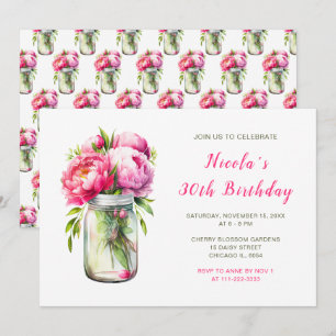 Rosa Peonies Mason Burk Födelsedagsfest Inbjudningar