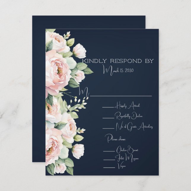 Rosa Peonies Navy Background Bröllop OSA Kort (Fram/baksida)