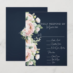 Rosa Peonies Navy Background Bröllop OSA Kort