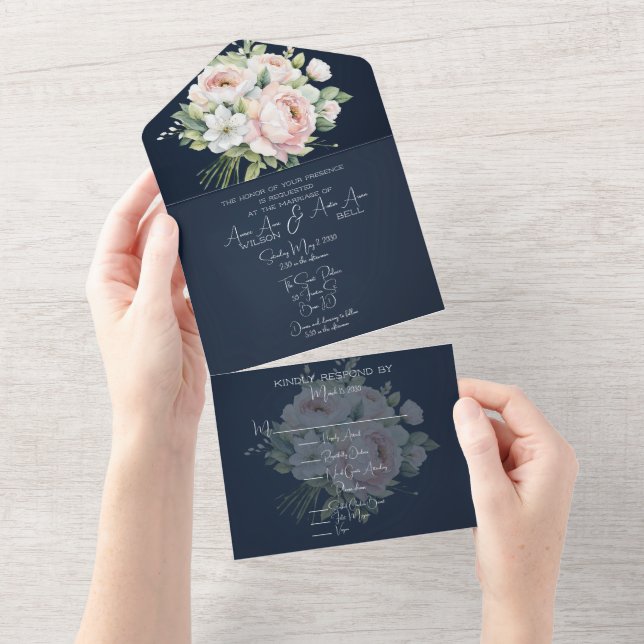 Rosa Peonies Navy Bakgrund Bröllopsinbjudan (Tearaway)