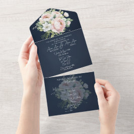 Rosa Peonies Navy Bakgrund Bröllopsinbjudan