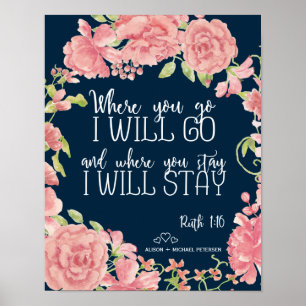 Rosa peonies navy citat bröllop tecken poster
