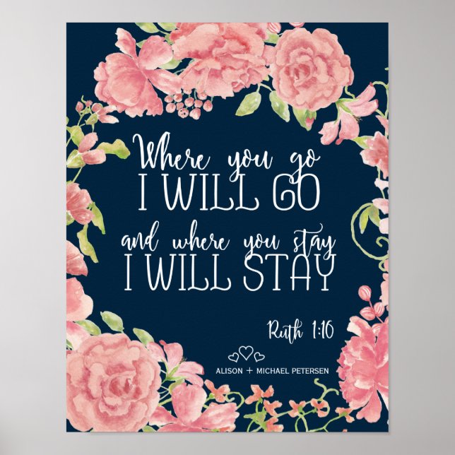 Rosa peonies navy citat bröllop tecken poster (Framsidan)