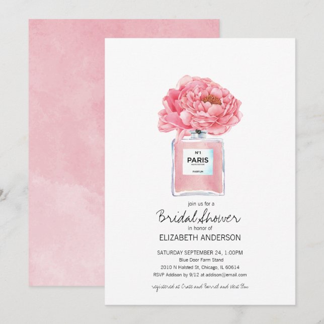 Rosa Peonies och Parfym Blommigtens Möhippa Inbjudningar (Fram/baksida)