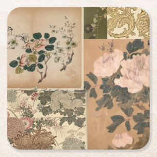 Rosa Peonies och Ro Antique Art Underlägg Papper Kvadrat