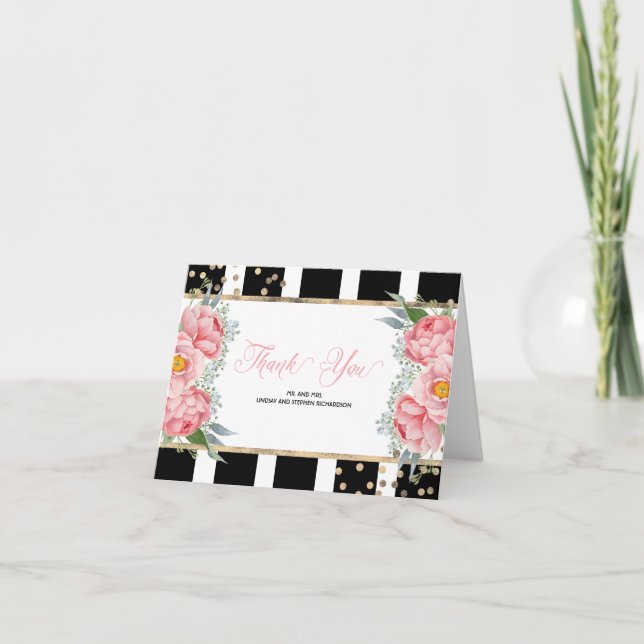 Rosa peonies och svarta ränder Elegant Tacksamhet Tack Kort (Framsida)