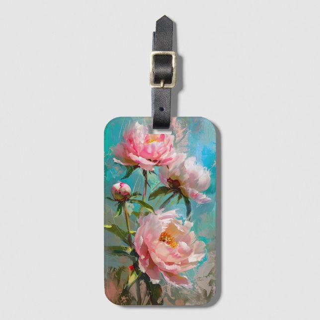 Rosa Peonies on Blue Paint Bagagebricka (Framsida vertikal)