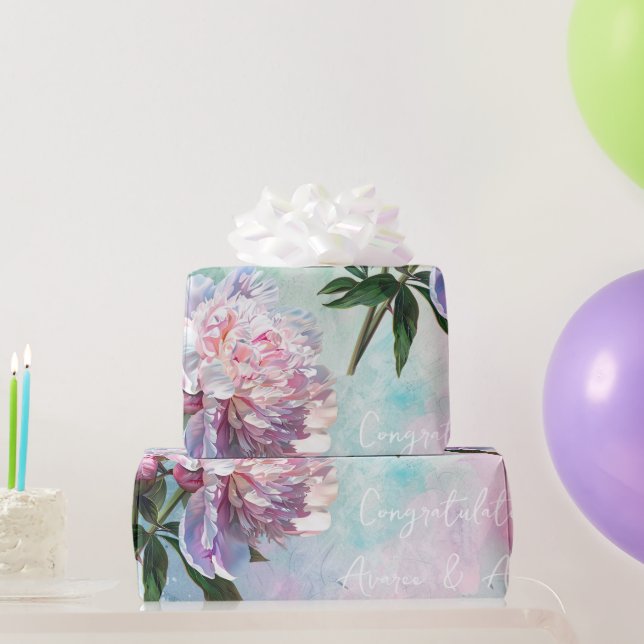 Rosa Peonies on Blue/Rosa Bröllop/Shower Presentpapper (Festgåvor)