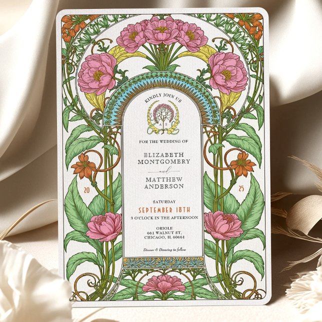 Rosa Peonies & Orange Blooms Art nouveau Bröllop Inbjudningar (Skapare uppladdad)