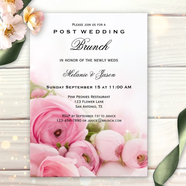 Rosa Peonies Post Bröllop Brunch-inbjudan Inbjudningar (Classic post or after wedding brunch or lunch party invitation featuring lovely pink peonies)