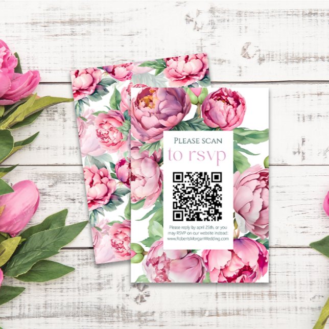  Rosa Peonies QR CODE Bröllop OSA Kort (Skapare uppladdad)