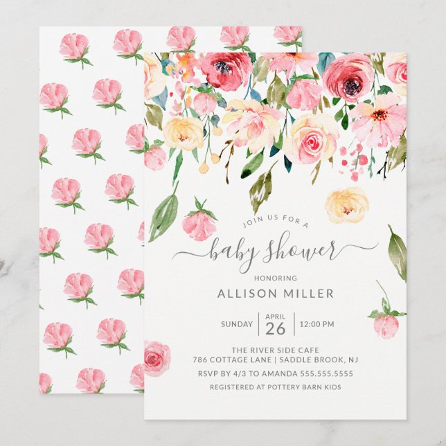 Rosa Peonies Ro Blommigt Baby Shower Inbjudningar (Fram/baksida)