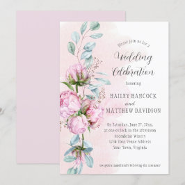 Rosa Peonies, Rosa Tvätta, Greenery Bröllop Inbjudningar