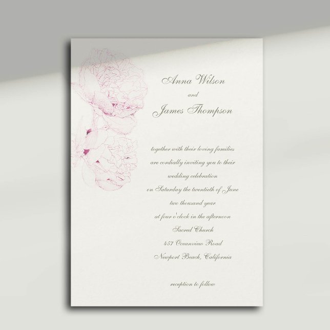 Rosa Peonies Sketch Formal Calligraphy Bröllop Inbjudningar (pink peonies wedding invitation formal traditional calligraphy casual modern classic)
