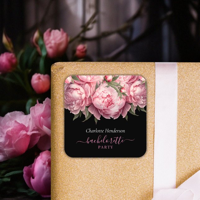 Rosa Peonies Svart Systerfest Fyrkantigt Klistermärke (Pink Peonies Watercolor Black Bachelorette Party Square Sticker)