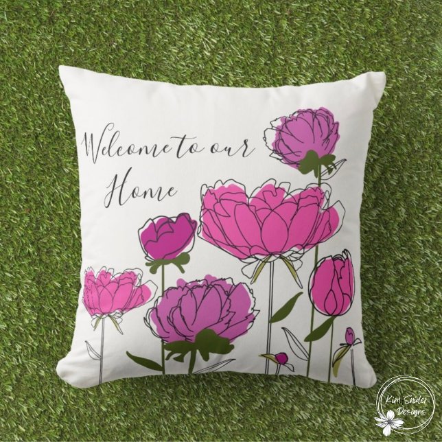Rosa Peonies "Välkommen till vårt hem" Kudde (Skapare uppladdad)