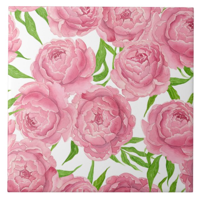 Rosa peonies vattenfärg kakelplatta (Framsidan)