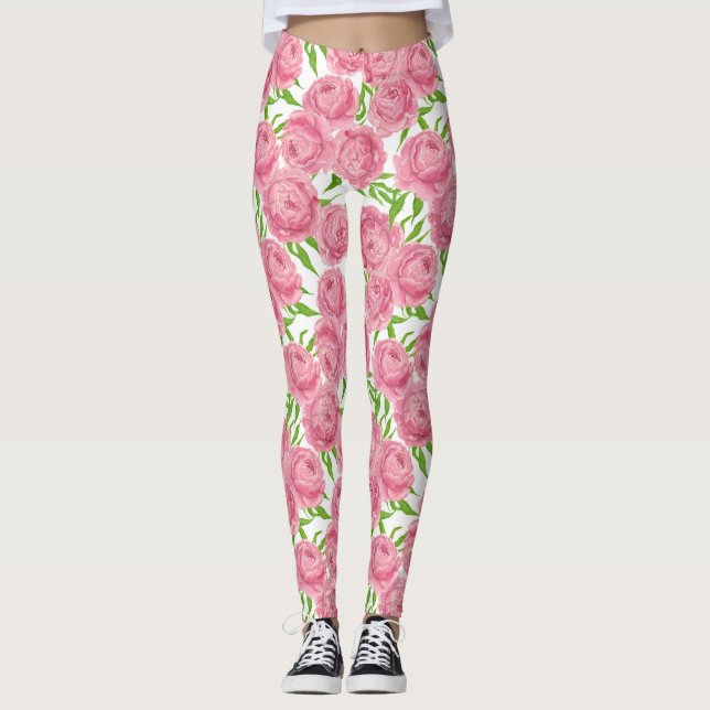 Rosa peonies vattenfärg leggings (Framsida)