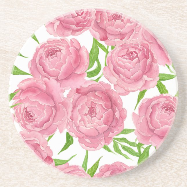 Rosa peonies vattenfärg underlägg sandsten (Framsidan)