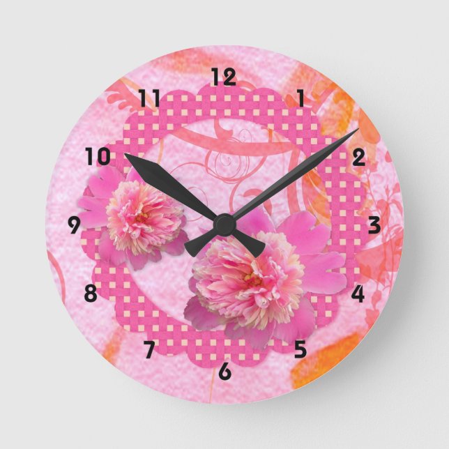 Rosa Peonies Wall Clock Rund Klocka (Framsida)
