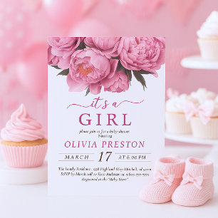 Rosa Peonies Watercolor Baby Shower Det är en flic Inbjudningar