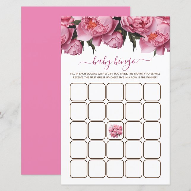 Rosa Peonies Watercolor Baby Shower Game Bingo (Fram/baksida)