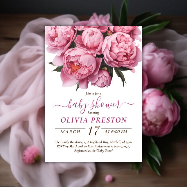Rosa Peonies Watercolor Baby Shower Inbjudningar (Pink Peonies Watercolor Baby Shower Invitation)