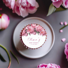 Rosa Peonies Watercolor Baby Shower Runt Klistermärke