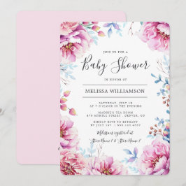 Rosa Peonies Watercolor Blommigt Baby Shower Inbjudningar