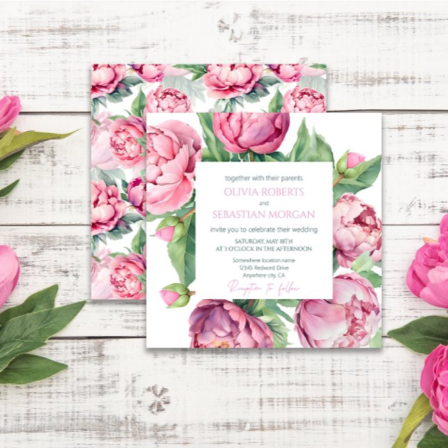  Rosa Peonies Watercolor Bröllop Inbjudningar (Skapare uppladdad)